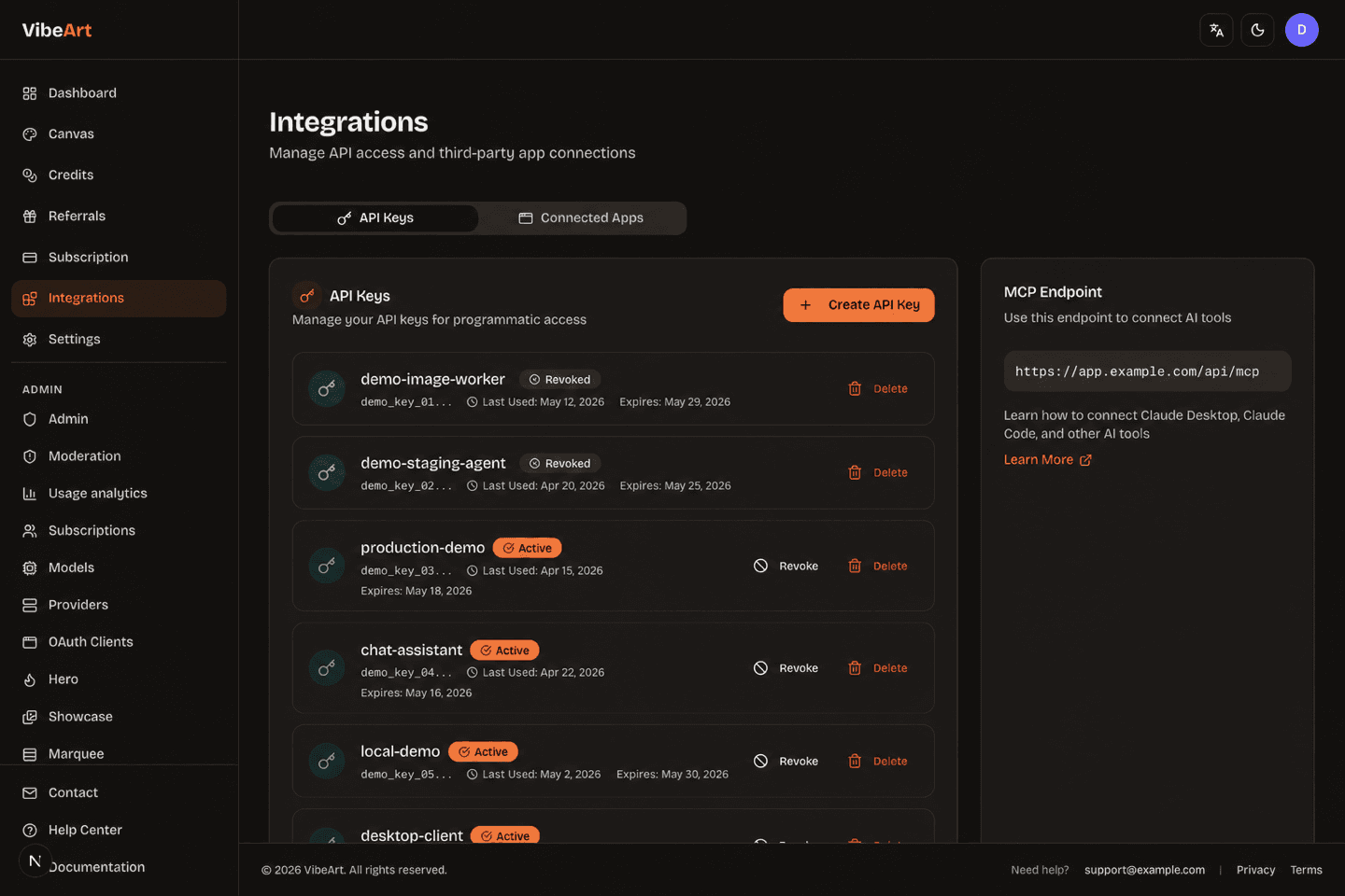 API keys and MCP endpoint
