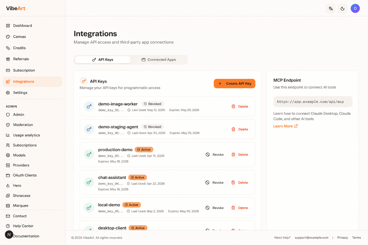 API keys and MCP endpoint